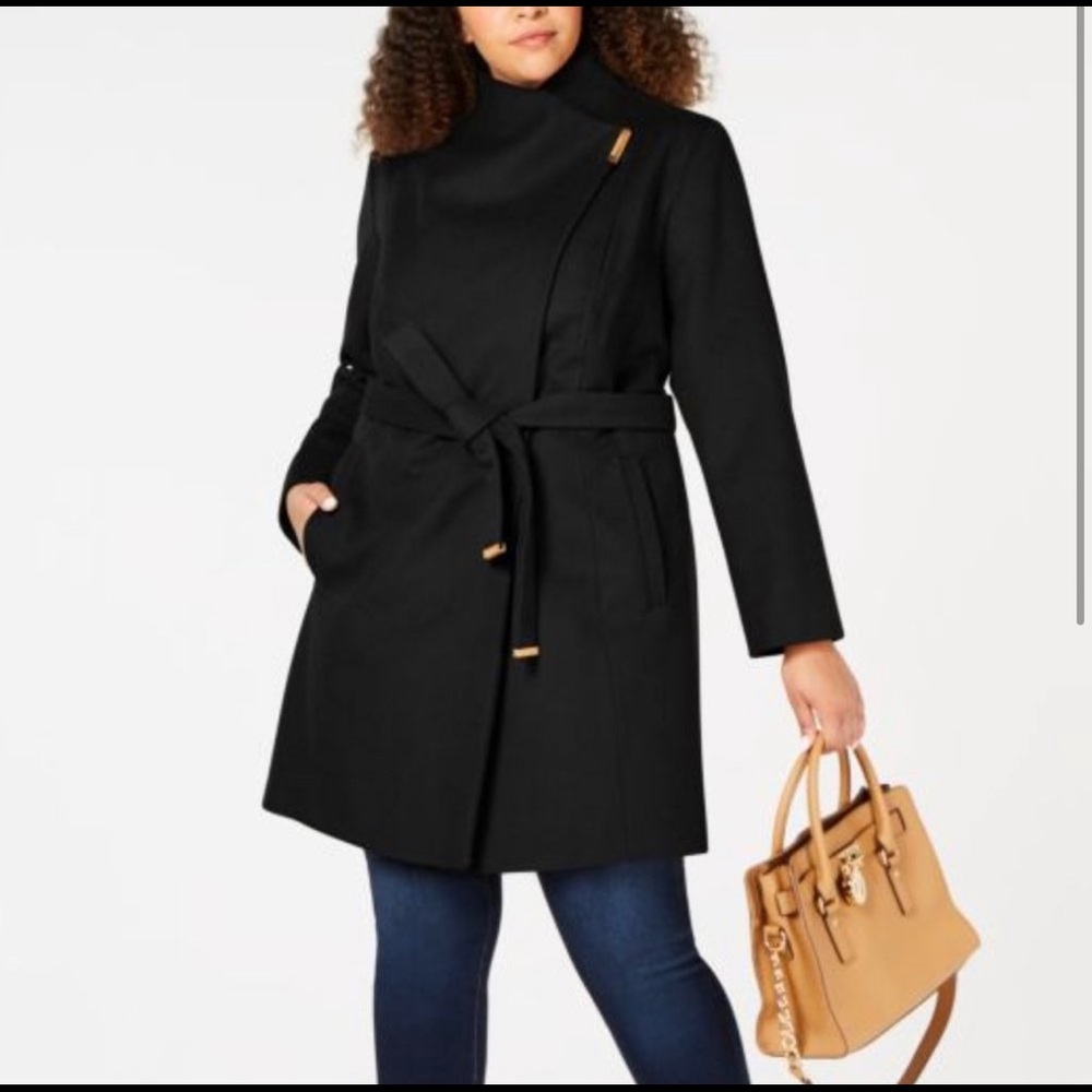 Michael Kors Asymmetrical Zip Wrap Wool Coat with Belt